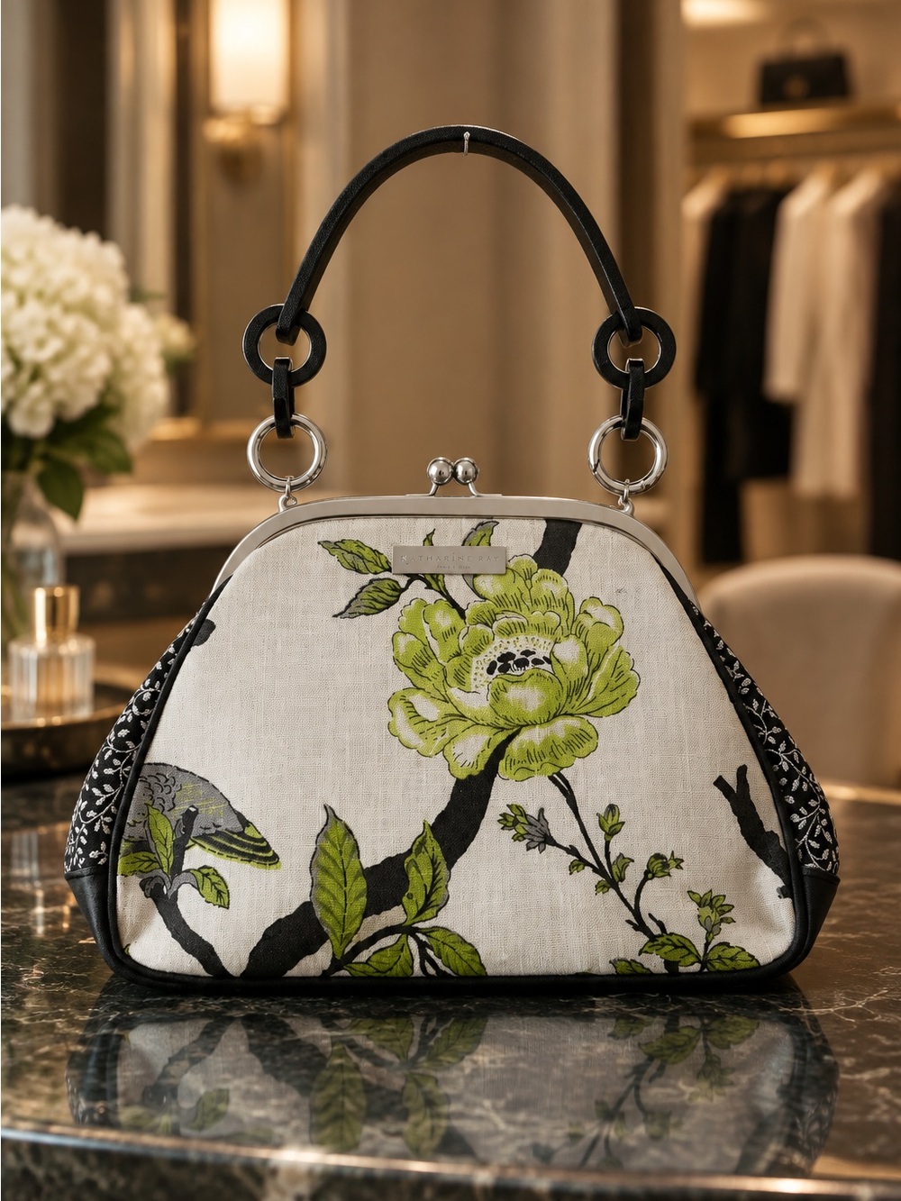 Karen Wilson Handmade Floral Kiss Lock Top Handle Bag